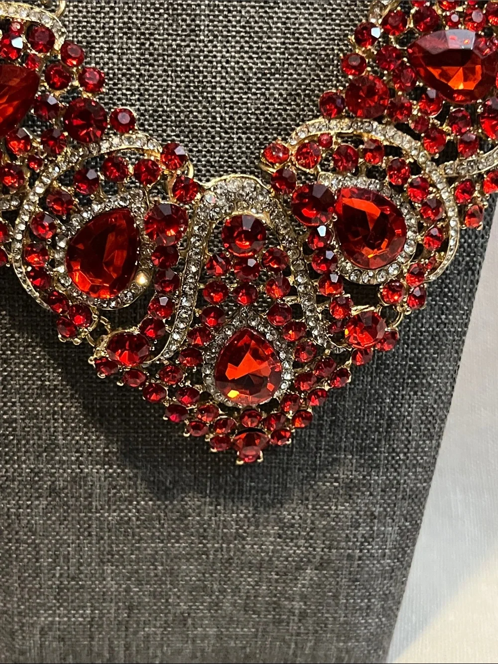 Gorgeous Red Crystal Statement Necklace and Earring Set - Gold Tone